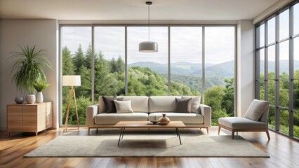 Minimalist living room with a large window , serene ambiance, calm atmosphere