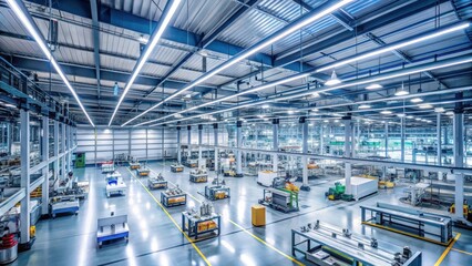 Fototapeta premium Factory floor with energy efficient LED lighting illuminating rows of machinery and production lines, synthetic overhead lighting, glass ceiling lighting