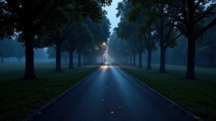 Obraz premium Serene Nighttime Drive Through a Misty Park with Glimmering Streetlights Illuminating the Path
