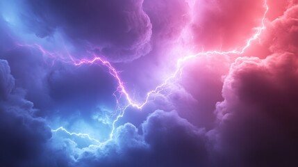 Pink and blue lightning strikes through dark storm clouds, dramatic weather backdrop for design projects