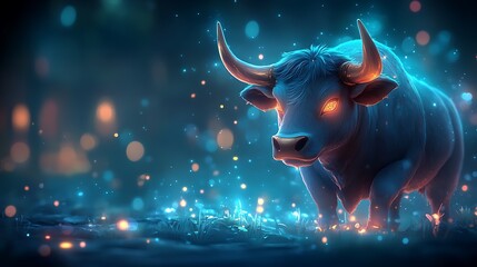 Fototapeta premium A futuristic digital city glowing in gold with a majestic golden bull leading the crypto revolution