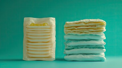 Fototapeta premium A pack of biodegradable baby wipes placed next to a stack of cloth diapers.