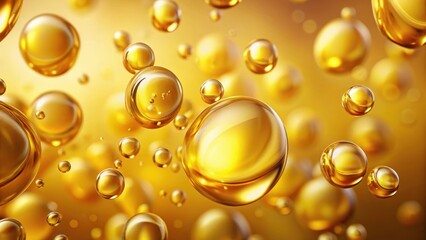 Golden oil drops falling gently on a bright yellow background with subtle texture, creating a sense of movement and fluidity