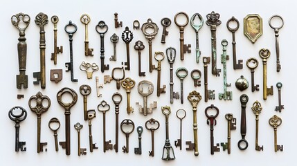 A collection of antique keys, clean white background, transparent isolate