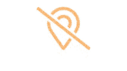 Icon map marker slash is made of yellow grains of sand. Some grains of sand fall down. Transparent background. Black