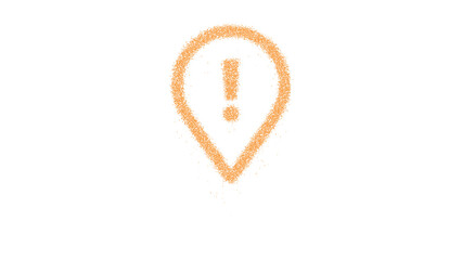 Icon map marker exclamation is made of yellow grains of sand. Some grains of sand fall down. Transparent background. Black