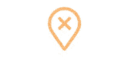 Icon map marker X is made of yellow grains of sand. Some grains of sand fall down. Transparent background. Black