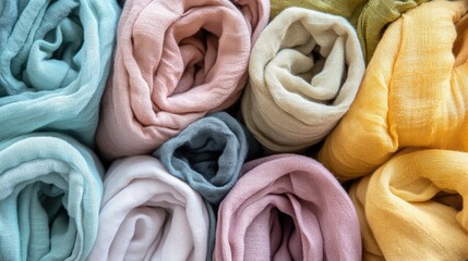 Fototapeta premium A pile of soft, light cotton fabrics arranged for easy selection.