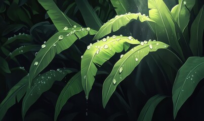 Dew-covered banana leaves in rainforest sunlight; nature background