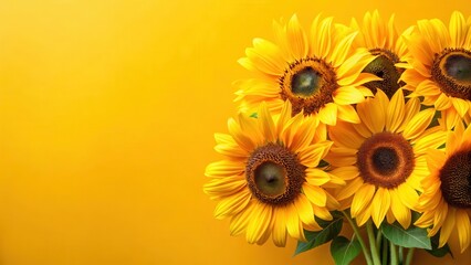 Obraz premium A bright and colorful bouquet of sunflowers placed on a yellow background, sunflowers, arrangement