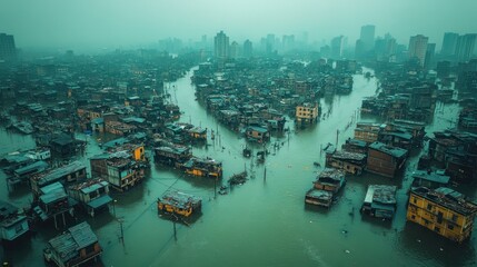 Aerial View of Flooded Urban Slum: A City Submerged