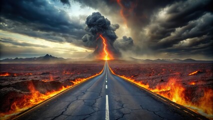 A dark and foreboding road stretches out into the distance, disappearing into a massive fiery pit that seems to swallow everything in its path, abyss, dark