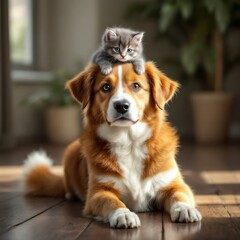 Cute Kitten Resting Atop Dog's Head in a Warm Interior Setting