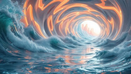 Surreal ocean tunnel with neon lights and futuristic cityscape in the background