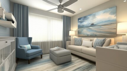 A small, modern nursery with pastel-colored baby accessories.