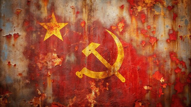 Close-up of a worn and faded flag resting on a metal surface with minor rust spots , communist symbol, faded colors