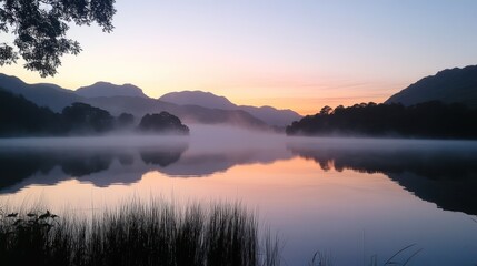 Fototapeta premium Serene lake at sunrise with mist, mountains reflecting on water's surface.