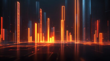 Futuristic Cityscape with Glowing Neon Grid and Abstract Architecture