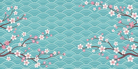 Traditional Japanese Cherry Blossom Pattern with Wavy Blue Background Seamless Design, cherry blossoms, japanesse patterns