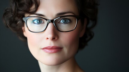 Close-up portrait of a woman with short dark curly hair wearing glasses.