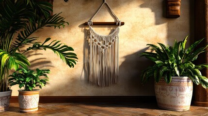 Obraz premium Cozy interior featuring a macram? wall hanging, lush green plants, and warm sunlight casting shadows