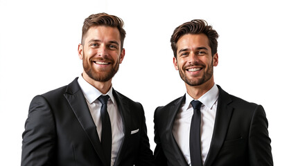 couple of two happy men with smiles on their faces in black tuxedos on pure white background