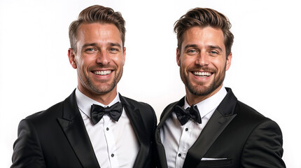 couple of two happy men with smiles on their faces in black tuxedos on pure white background