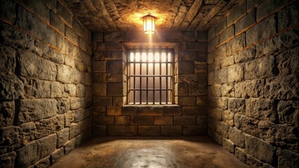 Obraz premium Dark medieval dungeon cell with a single barred window, dim light, rusty bars, dim light, rusty bars, cold, damp, misty