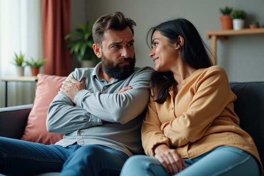 A Pensive Moment: A Couple Engaged in a Reflective Conversation at Home, Expressing Emotions and Navigating Relationship Dynamics Together
