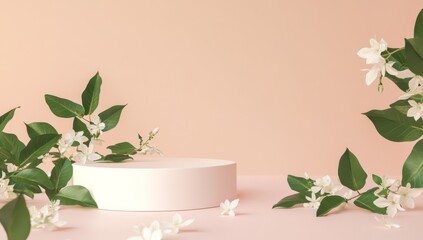 3D rendering of a white podium with green leaves and jasmine flowers on a pastel background 
