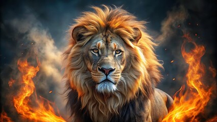Majestic lion with fiery mane, set against a dark, smoky background