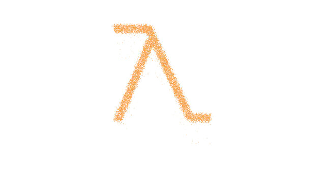 Icon lambda is made of yellow grains of sand. Some grains of sand fall down. Transparent background. Black