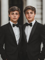 Twin boys in tuxedos, formal wear, urban setting