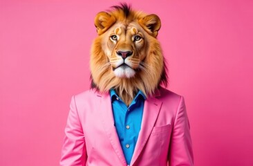 Stylish lion in a pink suit with a blue shirt, monochrome pink background, commercial photography for advertising