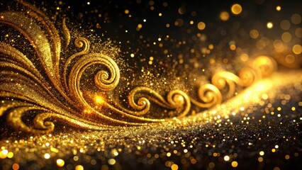 Iridescent gold glitter on a black background with swirling shapes and patterns , shimmering, abstract