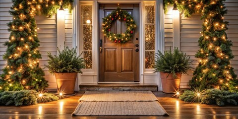 A warm and inviting front porch with a beautiful holiday doormat placed on the entrance step, surrounded by festive greenery and twinkling string lights , holiday doormat, outdoor decoration