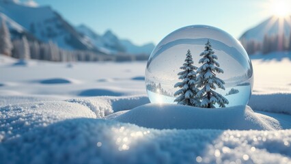 Melting glass sphere on snowy ground reflecting winter trees and mountains	