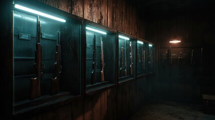 Obraz premium Display of vintage rifles in a dimly lit room with wooden walls and ambient lighting effects
