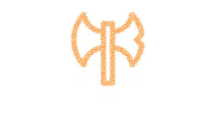 Icon axe battle is made of yellow grains of sand. Some grains of sand fall down. Transparent background. Black