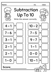 Fun and engaging subtraction up to 10 worksheet for kindergarten. Develops early math skills through colorful visuals and simple problems. Perfect for classroom activities or home practice.