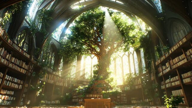 Ancient library filled with sunlight and a large tree in the center surrounded by books