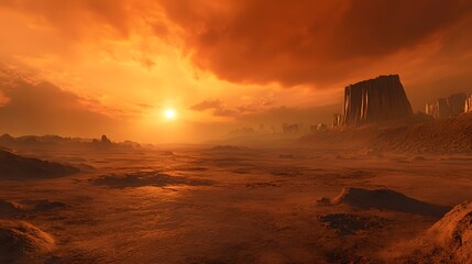 Dramatic Sunset Over Rugged Desert Landscape with Towering Cliffs and Canyons