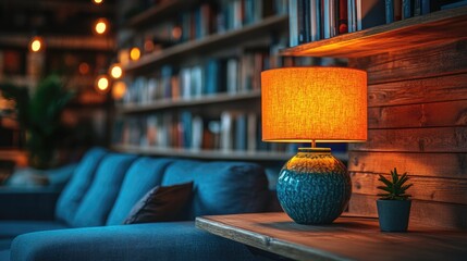 Cozy living room with a blue sofa, illuminated lamp, and bookshelf in a warm, inviting atmosphere