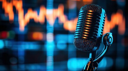 Glowing retro microphone with a blue stock market chart background, suitable for podcast or radio