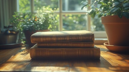 Stacked vintage books on a wooden table with sunlight streaming through a window, surrounded by greenery