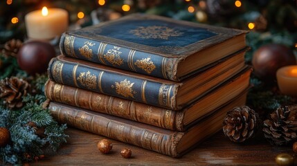 A cozy arrangement of antique books on a wooden surface, surrounded by festive decorations and candles