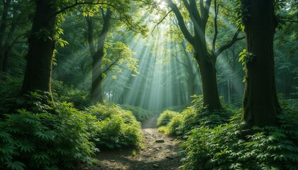 Obraz premium Mystical forest path illuminated by soft sunlight filtering through green trees