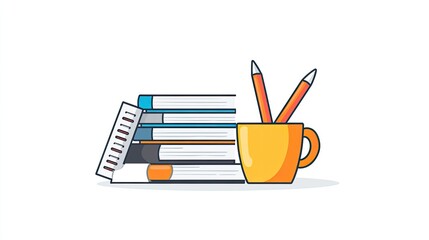 Collection of stationery items including books, pencils, and a cup on a clean desk background