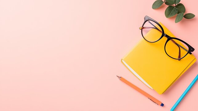 A vibrant workspace featuring a yellow notebook, glasses, and stationery on a pink background