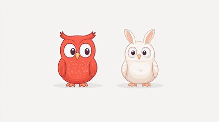 Two cartoon owls, one red and one white, standing side by side on a plain background